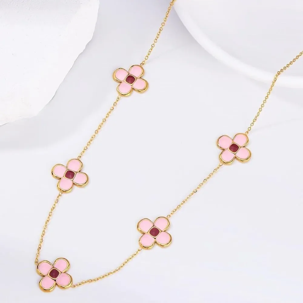 NEW 18K Gold Plated Gold and Pink Floral Necklace